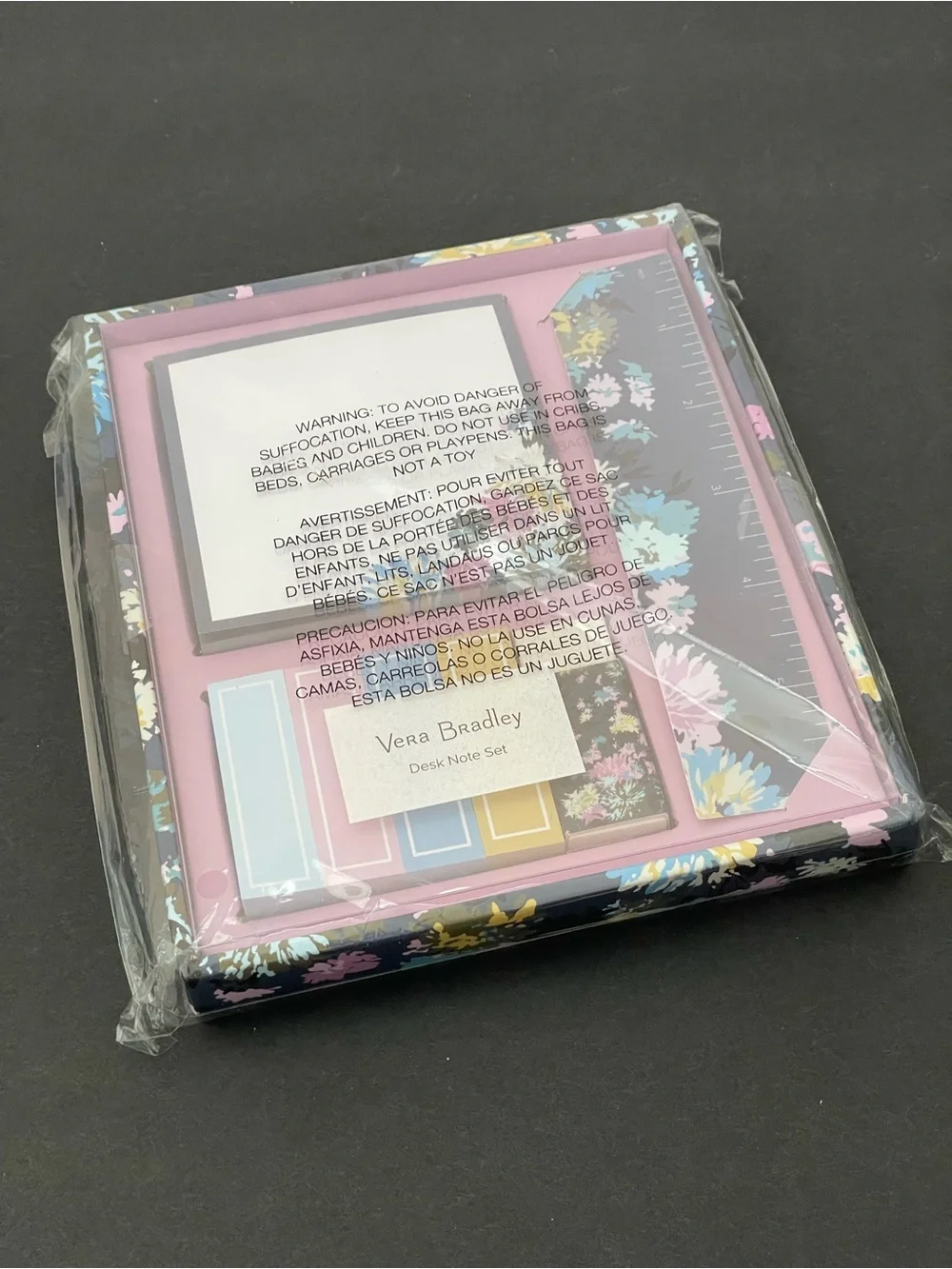 Vera Bradley Chrysanthemum Crush desk note set with sticky notes, ruler & eraser